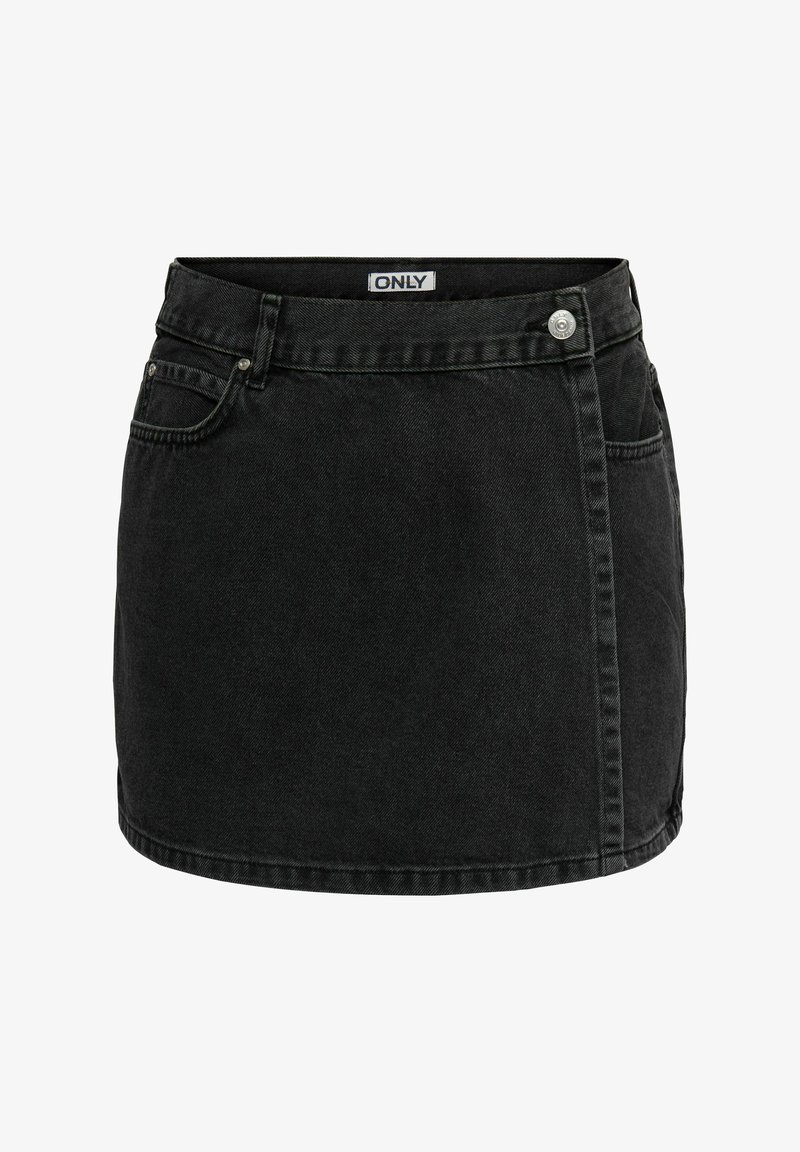 Mini-jupe en denim noir avec poches avant, passants pour ceinture, fermeture par bouton et étiquette de marque à l'intérieur de la ceinture.