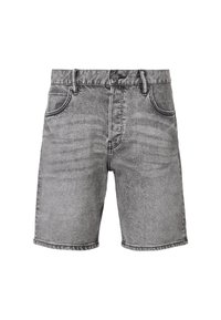 Grå denimshorts med en urtvättad finish, med hög midja, fem fickor och kontrasterande sömmar längs sömmarna.
