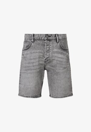 Graue Denim-Shorts mit ausgeblichenem Finish, hoher Taille, fünf Taschen und Kontrastnähten entlang der Nähte.