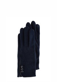 Gants en laine bleu marine avec une texture douce, dotés d'un design élégant et de trois boutons noirs en guise d'accent sur le poignet.