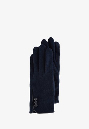 Gants en laine bleu marine avec une texture douce, dotés d'un design élégant et de trois boutons noirs en guise d'accent sur le poignet.