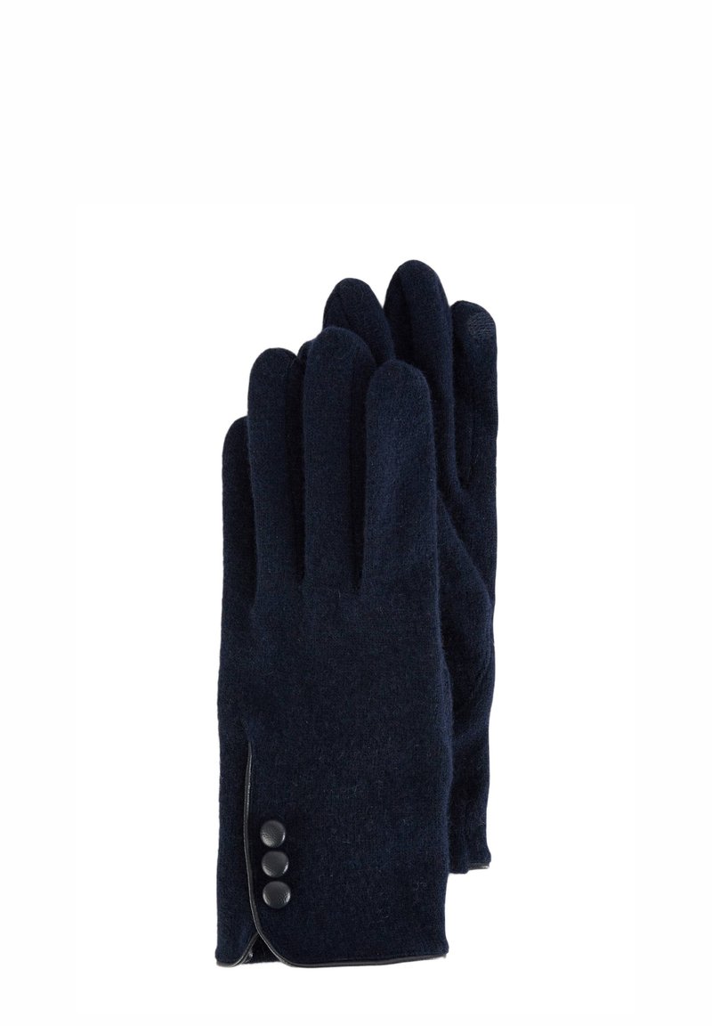 Gants en laine bleu marine avec une texture douce, dotés d'un design élégant et de trois boutons noirs en guise d'accent sur le poignet.