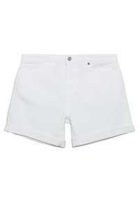 Pantalones cortos de mezclilla blanca con dobladillo vuelto, que cuentan con un cierre frontal de botón y cremallera, dos bolsillos laterales y dos bolsillos traseros.