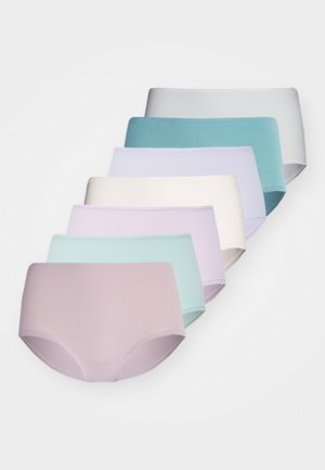 Set of seven cotton hipster panties in pastel colors: lavender, mint, light blue, off-white, and gray. Simple design with subtle sheen.