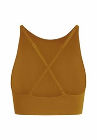 Sujetador deportivo amarillo mostaza con una tela suave, diseño de espalda nadadora, tirantes ajustables y una silueta corta.