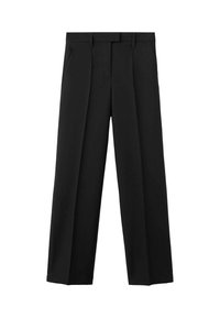 Pantalones de pierna ancha negros con cintura alta, que presentan dos pliegues frontales, pasadores para cinturón y una textura de tela suave y estructurada.