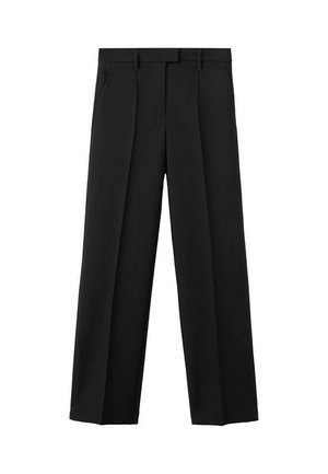 Pantalones de pierna ancha negros con cintura alta, que presentan dos pliegues frontales, pasadores para cinturón y una textura de tela suave y estructurada.