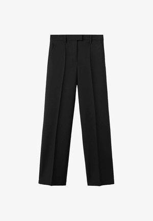 Zwarte broek met wijde pijpen en hoge taille, voorzien van twee plooien aan de voorkant, riemlussen en een gladde, gestructureerde stofstructuur.