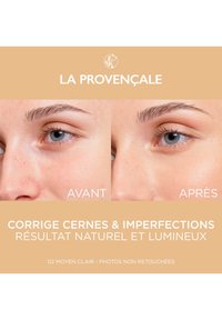 Images côte à côte montrant un visage avant et après l'application de maquillage. Le teint est uniforme, la texture est lisse et les imperfections sont minimisées.