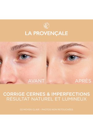 Images côte à côte montrant un visage avant et après l'application de maquillage. Le teint est uniforme, la texture est lisse et les imperfections sont minimisées.