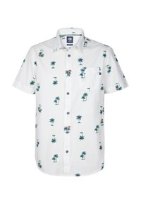 Camicia bianca a maniche corte con una stampa di palme e bevande tropicali. Chiusura con bottoni sul davanti e una tasca sul petto. Tessuto leggero e testurizzato.