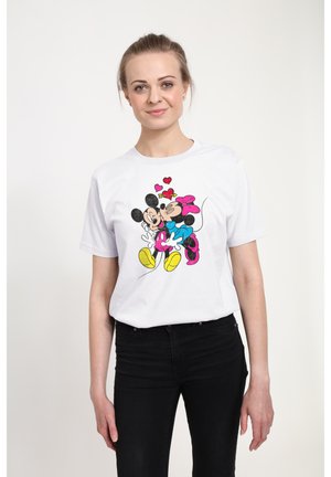 T-shirt in cotone bianco con stampa grafica di Topolino e Minnie, con accenti colorati in rosa, nero e giallo, colletto rotondo.