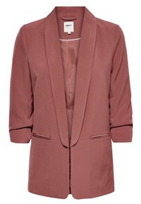 Frambooskleurige blazer van gladde stof met een sjaalkraag, open voorkant en driekwartmouwen. Beschikt over twee zijzakken.