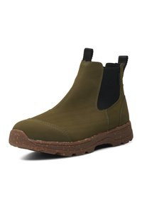 Botas de tobillo verdes oliva con paneles laterales elásticos, suelas de goma y una suela texturizada de color marrón moteado. Diseño aerodinámico con costuras mínimas.