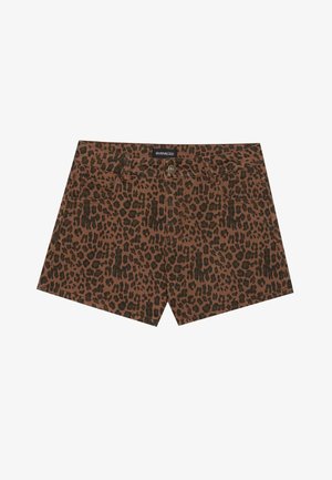 Brown denim shorts featuring a black leopard print, with front pockets and a button closure at the waist. Simple, straight-cut design.