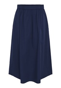Tmavě modrá midi sukně z lehké látky, s elastickým pasem a plisovaným designem pro pohodlné nošení.