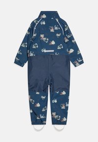 Blue overall with a whimsical print of vehicles. Made from water-resistant material, featuring elastic cuffs, a high collar, and foot straps.