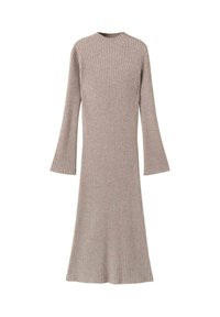 Abito a manica lunga a coste in beige chiaro, con collo alto e maniche a campana, realizzato in un morbido tessuto a maglia testurizzata.