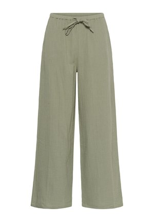 Light olive green wide-leg pants with elastic waistband and tied drawstring, made of textured lightweight fabric.