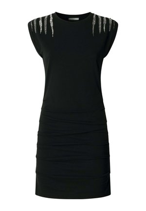 Abito nero senza maniche con silhouette aderente, caratterizzato da dettagli arricciati e ornamentazioni in metallo sulle spalle. Tessuto morbido ed elastico.
