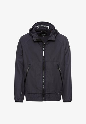 Windbreakerjack in donker marineblauw, met een rits aan de voorkant, een capuchon en twee ritszakken aan de zijkant. Soepele textuur met een minimalistisch ontwerp.