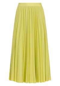 Jupe midi plissée jaune vif avec une taille ajustée et des plis de tissu fluides.