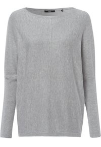 Pull en tricot gris avec un col rond, des manches longues et un design simple sans couture. Texture douce, léger et coupe polyvalente.