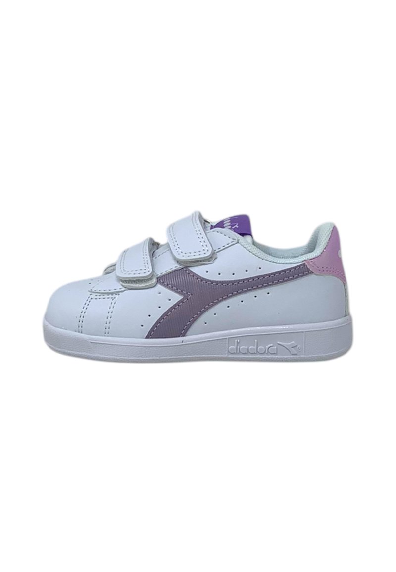 Sneakers bianchi per bambini con dettagli viola, caratterizzati da un design testurizzato, doppie cinghie in velcro e suola in gomma.