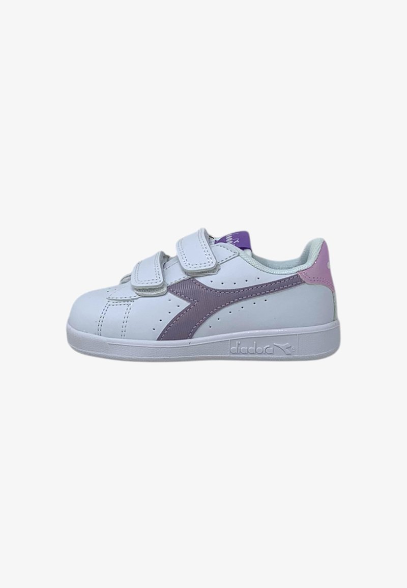 Sneakers bianchi per bambini con dettagli viola, caratterizzati da un design testurizzato, doppie cinghie in velcro e suola in gomma.