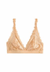 Bralette in pizzo di un delicato colore pesca, caratterizzato da motivi floreali, un profondo scollo a V e spalline regolabili con bordi ondulati, accompagnato da un sottofascia liscia.
