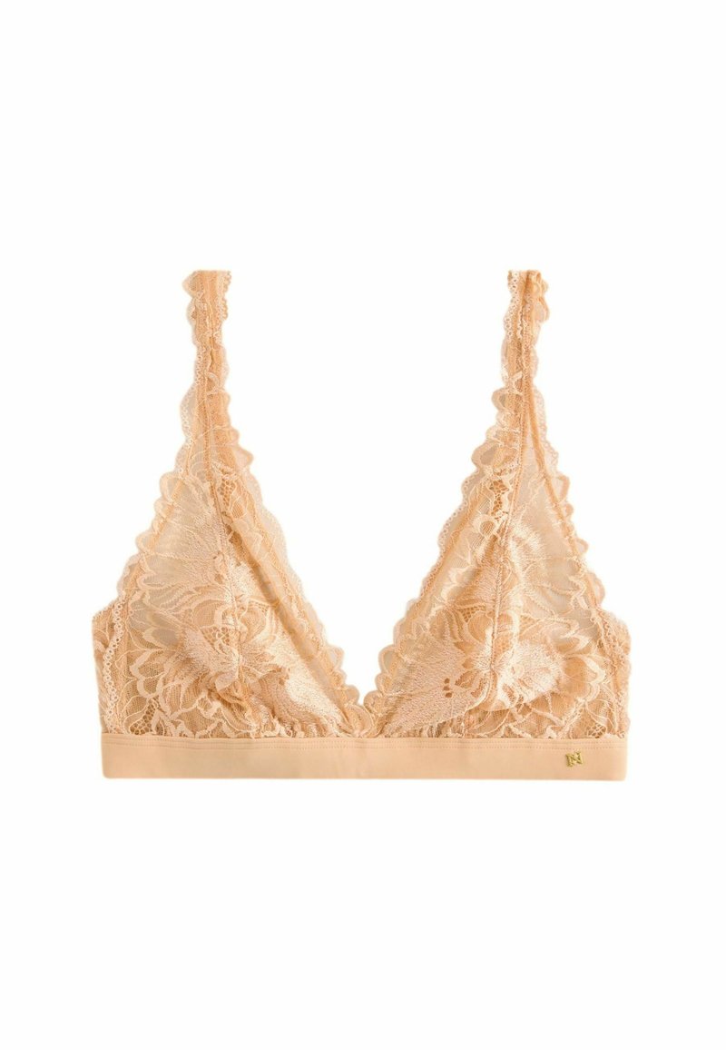 Bralette in pizzo di un delicato colore pesca, caratterizzato da motivi floreali, un profondo scollo a V e spalline regolabili con bordi ondulati, accompagnato da un sottofascia liscia.