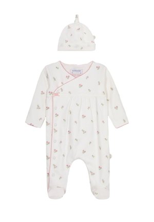 Hvid babyheldragt og hat sæt med lyserøde blomsterprint, lyserød kant, sidestrammereknapper og en lille sløjfe på heldragtens bryst.
