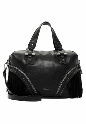 Zwarte leren handtas met dubbele handvatten, diagonale ritszakken met studs, franjes aan de zijkanten en afneembare schouderriem.
