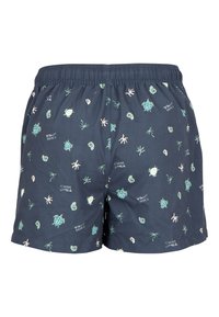 Shorts de bain bleu marine avec taille élastique, ornés d'un motif de tortues, coquillages et plantes marines dans des couleurs claires.