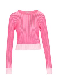 Dopasowany różowy sweter z dzianiny z długimi rękawami, z poziomymi paskami oraz prążkowanym dekoltem i mankietami w jaśniejszym odcieniu różu.