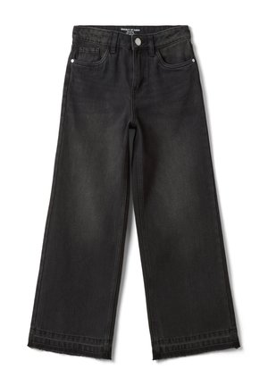 Pantalones vaqueros negros de pierna ancha con cierre frontal de botón y cremallera, cinco bolsillos y bordes sin rematar, extendidos sobre fondo blanco.