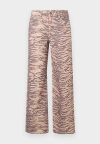 High-waisted wide-leg trousers in a pink fabric featuring a black tiger stripe pattern. Includes classic pockets and button closure.