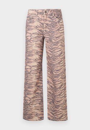 High-waisted wide-leg trousers in a pink fabric featuring a black tiger stripe pattern. Includes classic pockets and button closure.