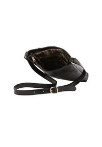 Borsa a tracolla nera in pelle con un design strutturato, chiusura con zip e fodera in tessuto check. Presenta una tracolla regolabile e dettagli dorati.