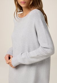 Pull en maille gris clair avec un col rond côtelé et des poignets. Texture douce avec des épaules légèrement tombantes et un détail de couture subtil au niveau des manches.