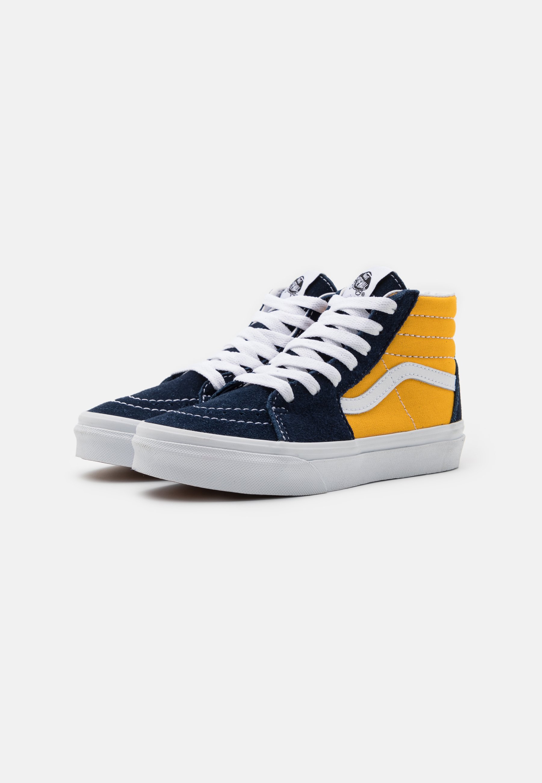 yellow and blue high top vans