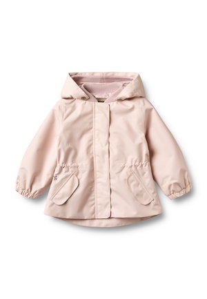 Hellrosa Kapuzenjacke für Kinder mit langen Ärmeln, elastischen Bündchen, aufgesetzten Taschen mit Klappen und einem Reißverschluss, der von einer Stoffklappe bedeckt wird.