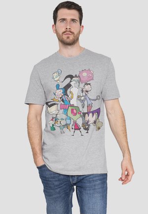 Gray cotton t-shirt featuring a colorful graphic print of cartoon characters on the front. Short sleeves and classic crew neck design.