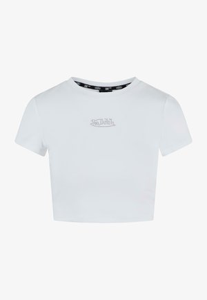 Fehér, rövidített póló, puha anyagból készült, kerek nyakkivágással és rövid ujjakkal. Elöl strasszokkal díszített logó található.