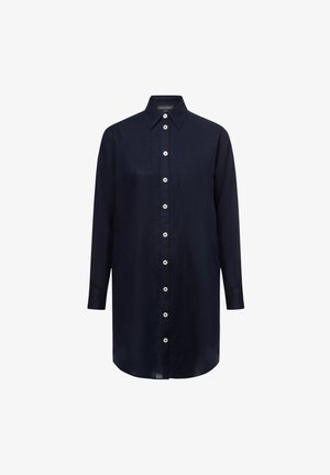 Marineblaues Langarmhemd aus leichtem Stoff mit Knopfleiste, spitzem Kragen und abgerundetem Saum. Mit weißen Knöpfen.