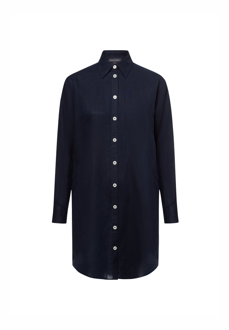 Marineblaues Langarmhemd aus leichtem Stoff mit Knopfleiste, spitzem Kragen und abgerundetem Saum. Mit weißen Knöpfen.