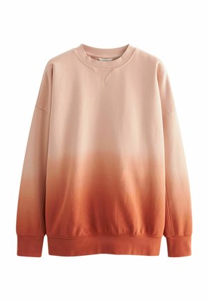 Huppari pehmeästä kankaasta, jossa on ombre-Gradient vaaleanpunaisesta poltettuun oranssiin, ribbaattu pääntie ja hihansuut, sekä rento istuvuus.