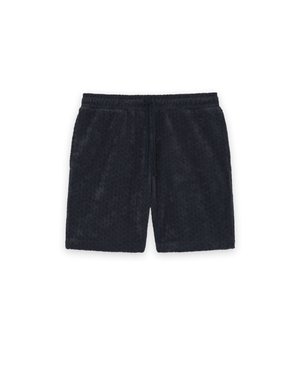 Pantalones cortos negros con textura, cintura elástica y cordón, con bolsillos laterales, colocados planos sobre un fondo blanco.