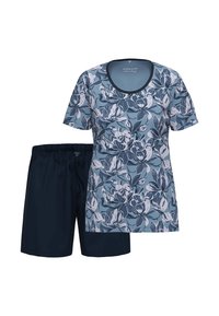 Top a maniche corte floreale in tonalità di blu con scollatura tonda e pantaloni navy con vita elastica e dettaglio con cordino.