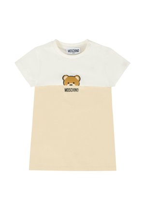 Abito per bambino a maniche corte in bianco e beige con grafica di un orsetto e la scritta "Moschino" stampata sotto nella parte anteriore.